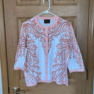 NWT Bob Mackie Peach Pattern Cardigan Sweater Large
